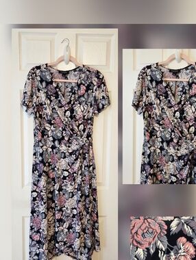 Floral Midi Wrap Dress in Blue and Pink